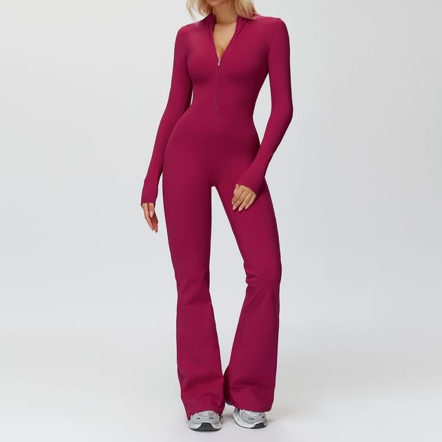 Skinniano-Long-Sleeve Mock Neck Plain Zip Flared Jumpsuit