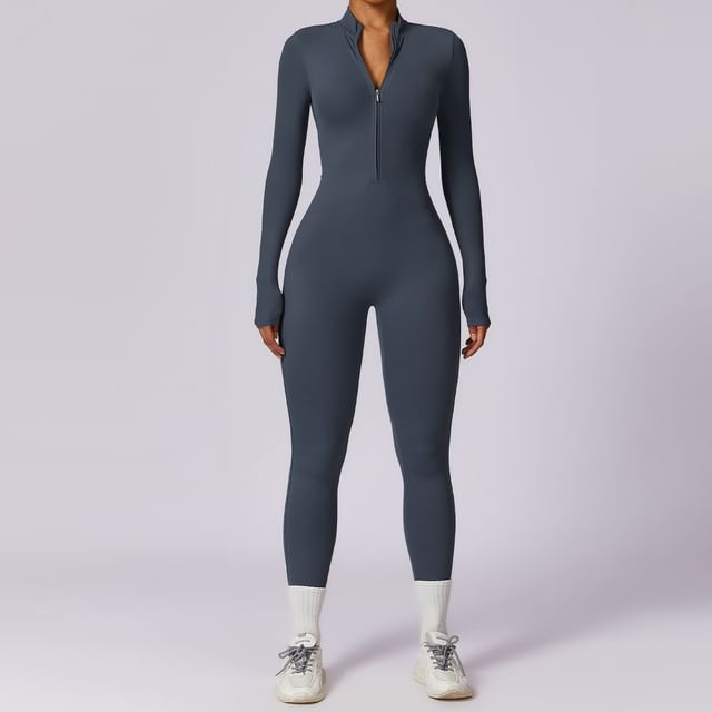 Skinniano-Long-Sleeve Mock Neck Plain Zip Jumpsuit
