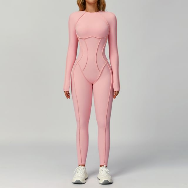 Skinniano-Long-Sleeve Round Neck Plain Backless Jumpsuit