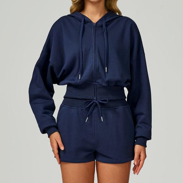 Skinniano-Plain Zip-Up Crop Hoodie