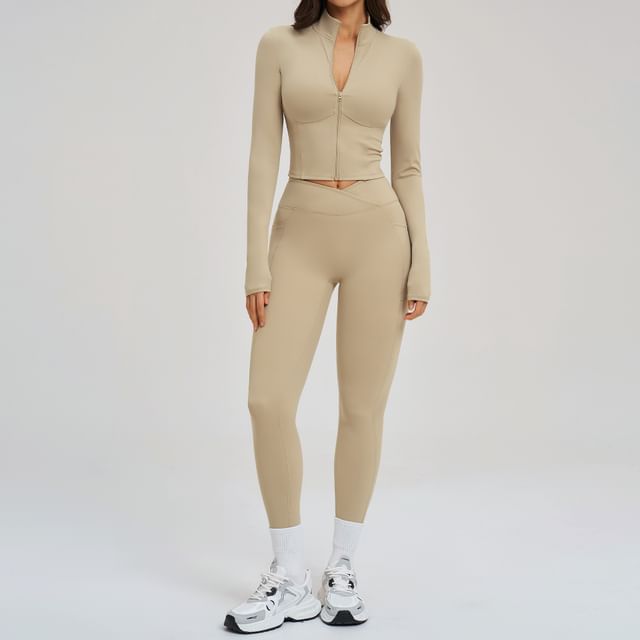 Skinniano-Set Stand Collar Plain Crop Zip Jacket High Waist Plain Yoga Pants