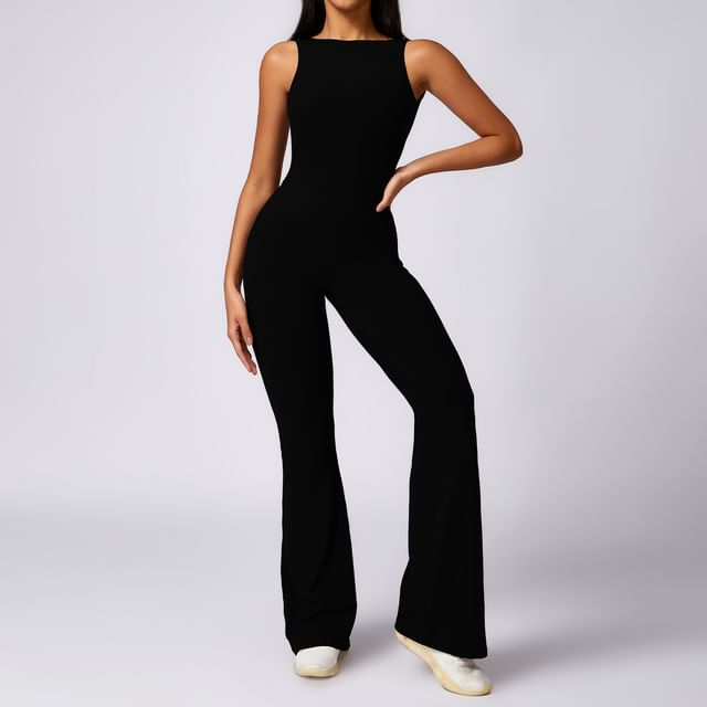 Skinniano-Sleeveless Plain Backless Flared Jumpsuit
