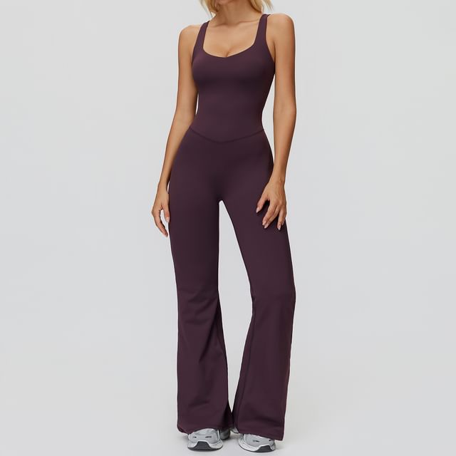 Skinniano-Sleeveless Scoop Neck Plain Backless Flared Jumpsuit