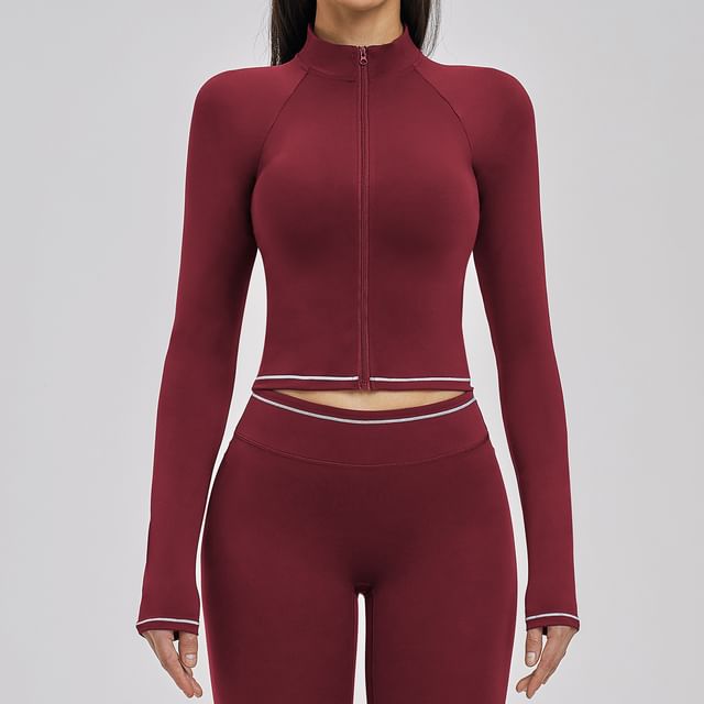 Skinniano-Stand Collar Contrast Stitch Zip Yoga Jacket