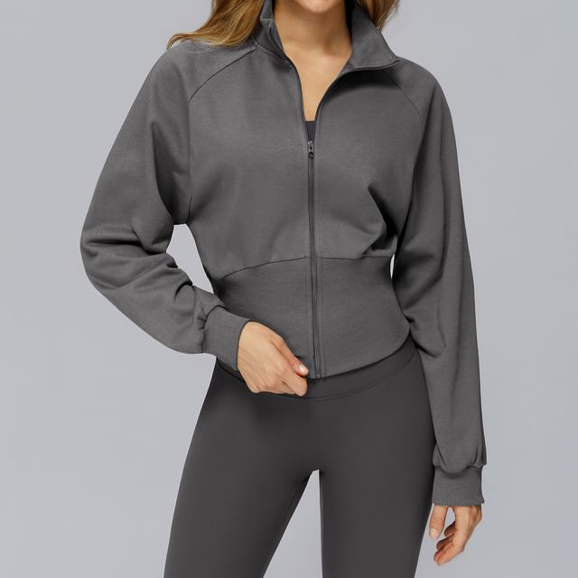 Skinniano-Stand Collar Plain Panel Zip Jacket