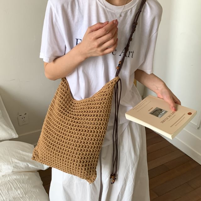 Skyglow-Beaded Strap Woven Tote Bag