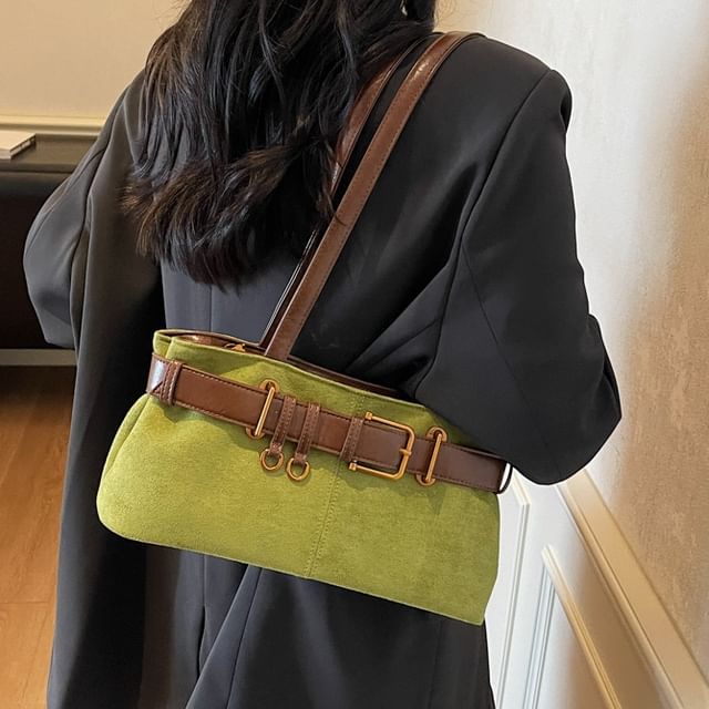 Skyglow-Belted Faux Suede Shoulder Bag