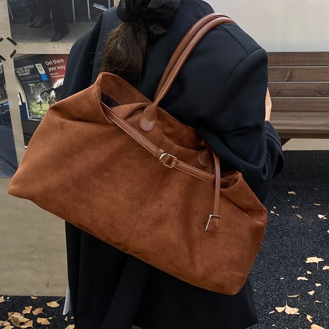 Skyglow-Belted Faux Suede Tote Bag