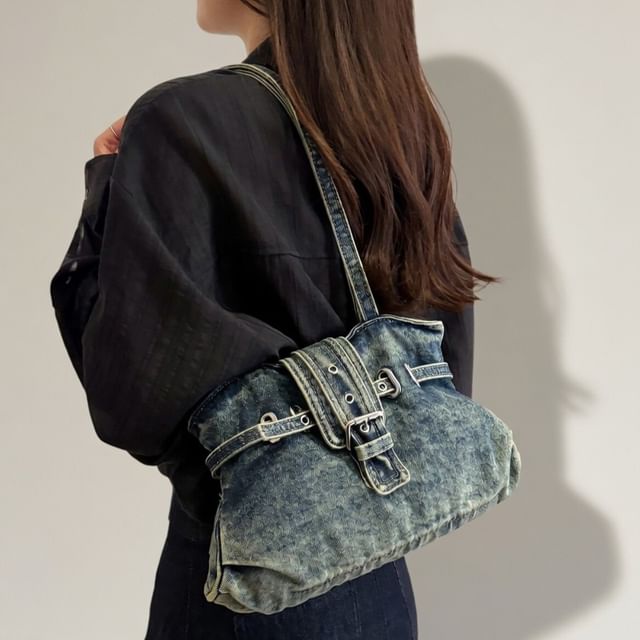 Skyglow-Buckled Denim Tote Bag