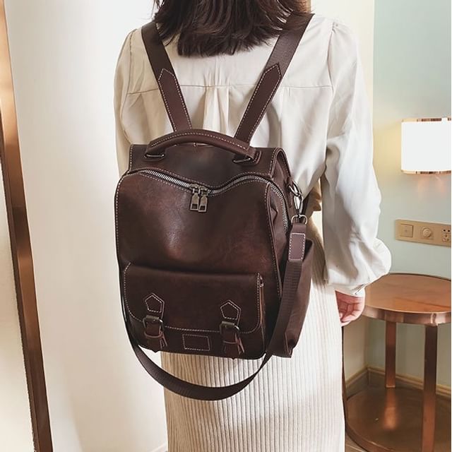Skyglow-Buckled Faux Leather Backpack