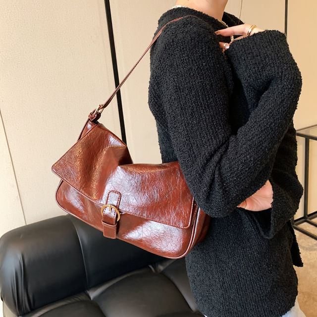 Skyglow-Buckled Faux Leather Shoulder Bag