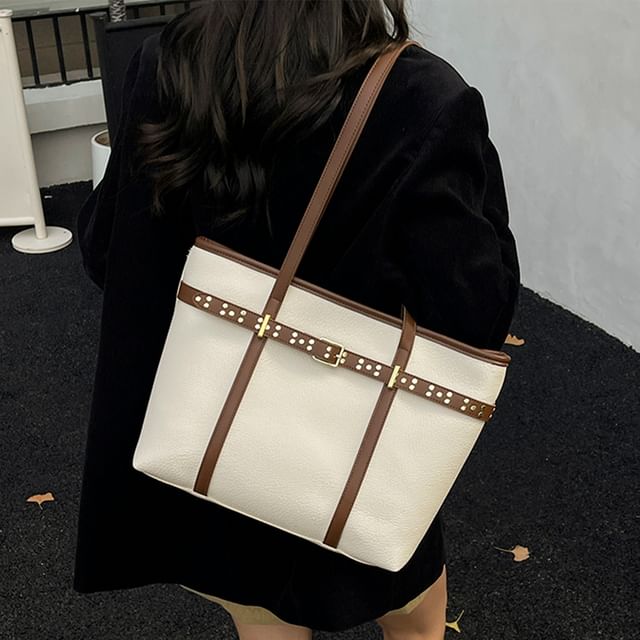 Skyglow-Buckled Faux Leather Tote Bag