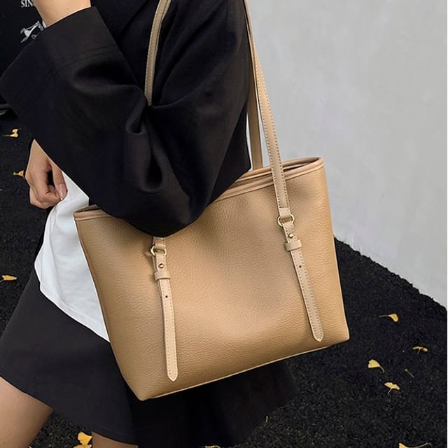 Skyglow-Buckled Faux Leather Tote Bag