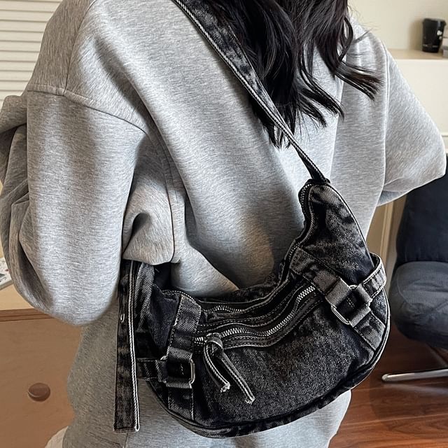 Skyglow-Buckled Washed Denim Crossbody Bag