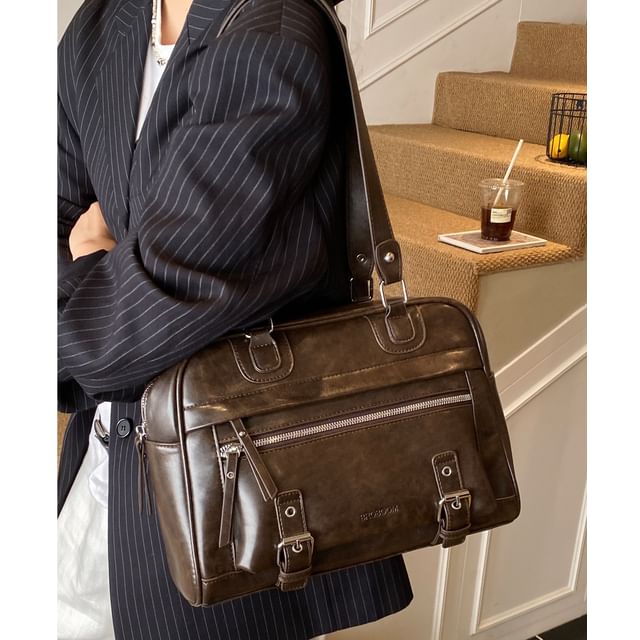Skyglow-Buckled Zip Panel Bowler Bag