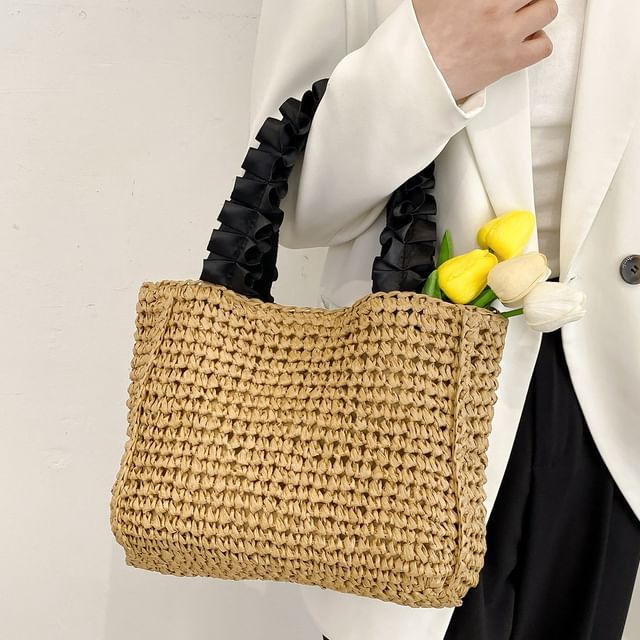 Skyglow-Contrast Frill Strap Straw Tote Bag