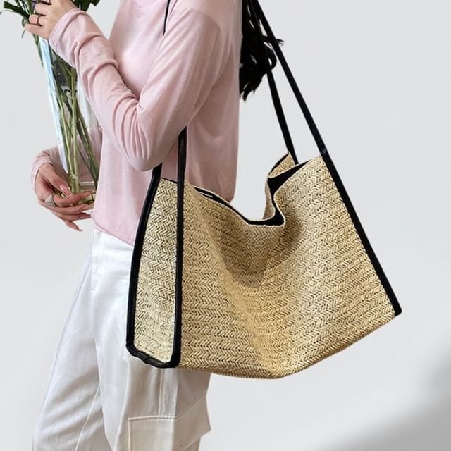 Skyglow-Contrast Strap Woven Straw Tote Bag