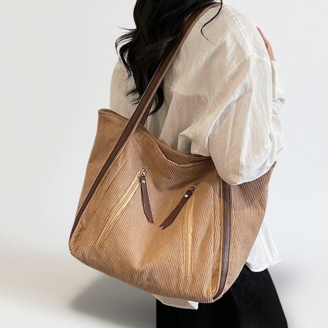 Skyglow-Contrast Strap Zipped Tote Bag