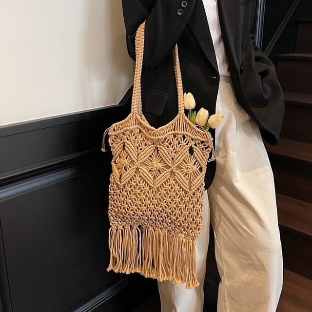 Skyglow-Crochet Fringed Tote Bag