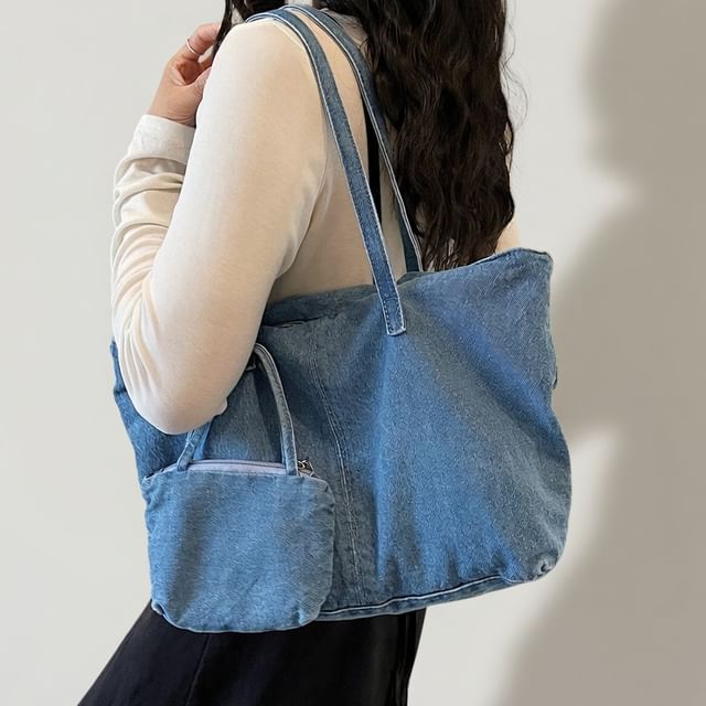 Skyglow-Denim Zipper Tote Bag With Pouch