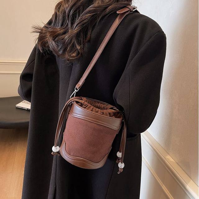 Skyglow-Drawstring Panel Faux Suede Bucket Bag