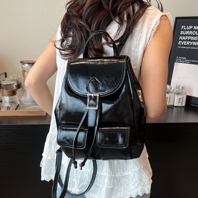 Skyglow-Faux Leather Buckled Flap Backpack