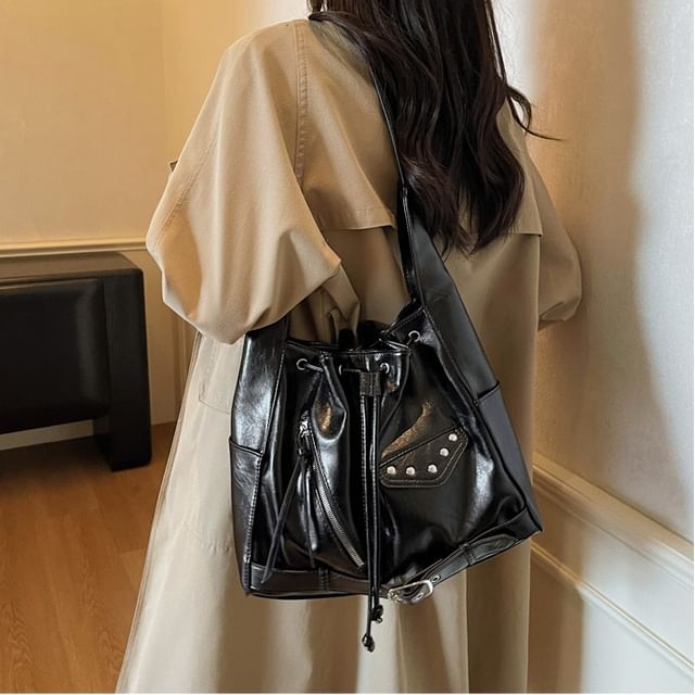Skyglow-Faux Leather Drawstring Crossbody Bag