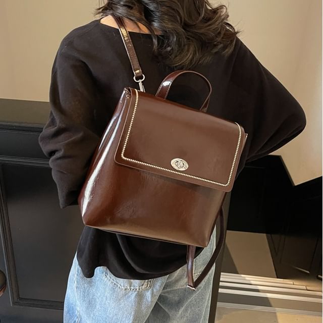 Skyglow-Faux Leather Flap Backpack