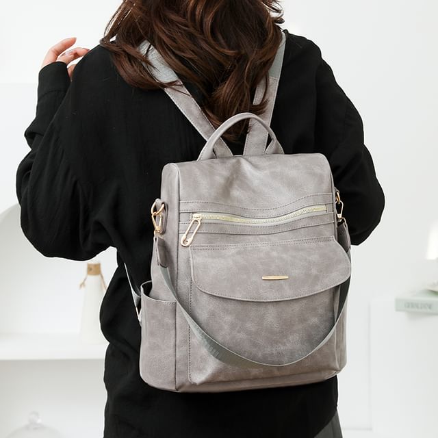 Skyglow-Faux Leather Multi-Pocket Backpack