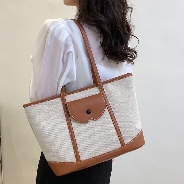 Skyglow-Faux Leather Panel Canvas Tote Bag