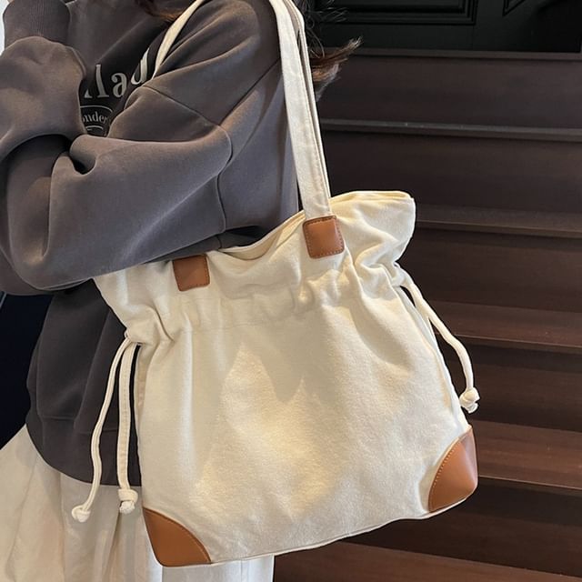 Skyglow-Faux Leather Panel Drawstring Canvas Tote Bag