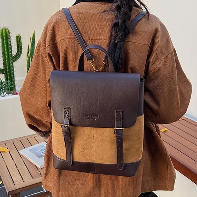 Skyglow-Faux Leather Panel Flap Backpack