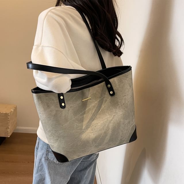 Skyglow-Faux Leather Panel Tote Bag