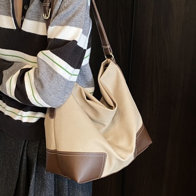 Skyglow-Faux Leather Panel Tote Bag