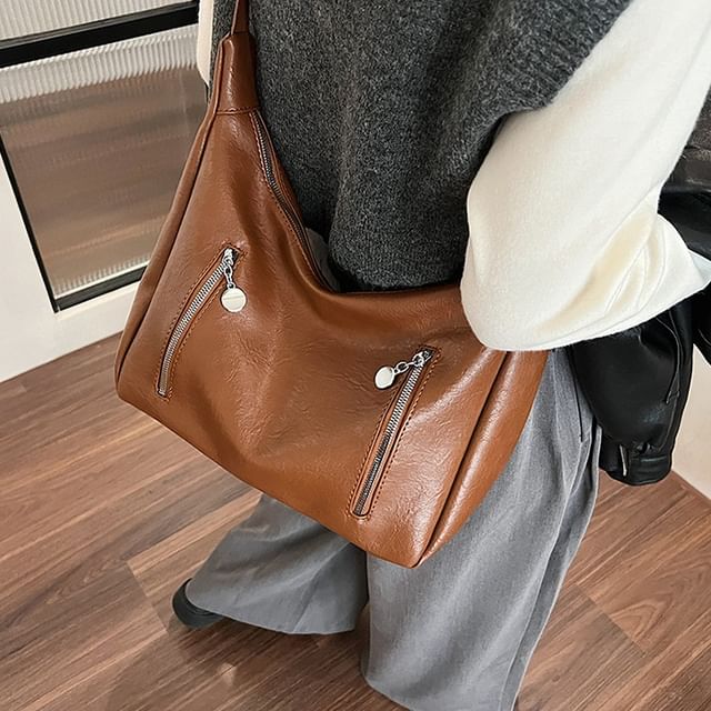 Skyglow-Faux Leather Plain Shoulder Bag