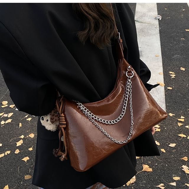 Skyglow-Faux Leather Plain Shoulder Bag