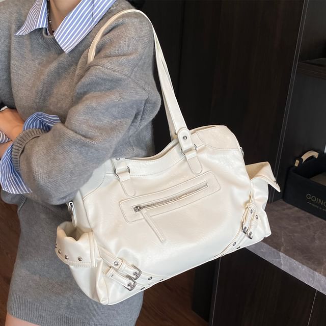 Skyglow-Faux Leather Plain Shoulder Bag