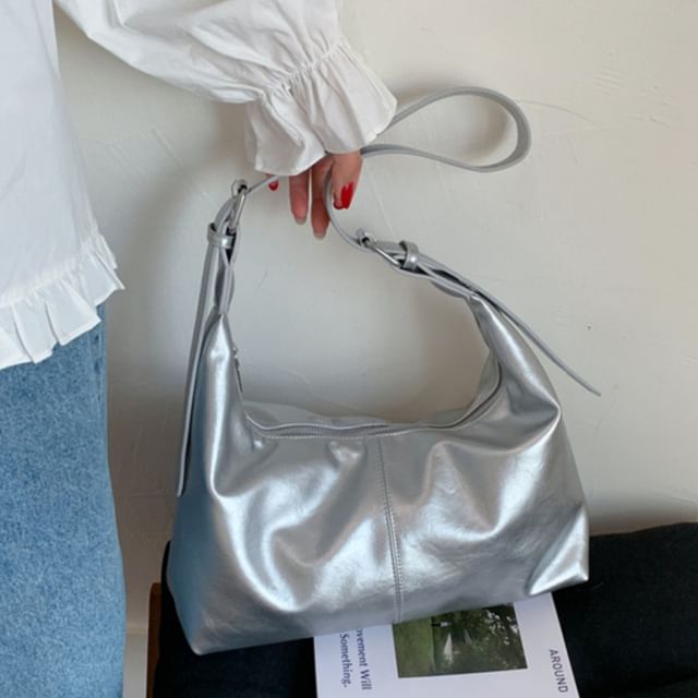 Skyglow-Faux Leather Plain Shoulder Bag
