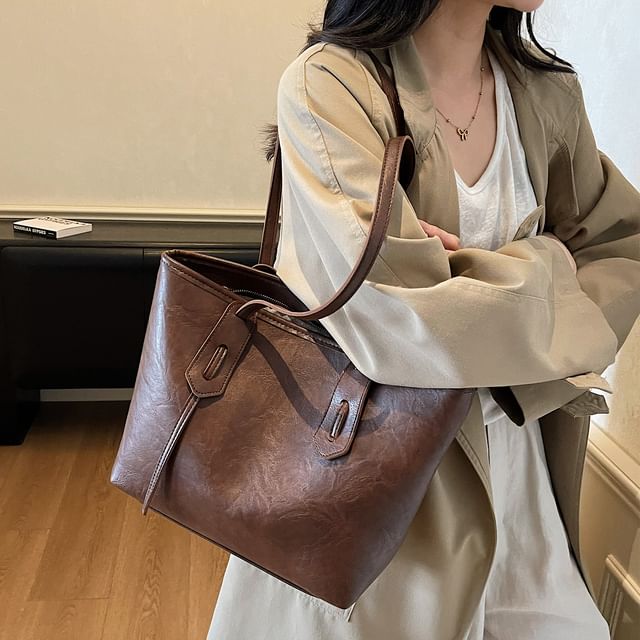 Skyglow-Faux Leather Plain Tote Bag