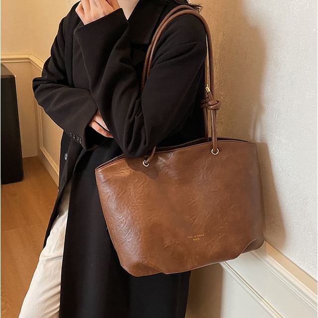 Skyglow-Faux Leather Plain Tote Bag