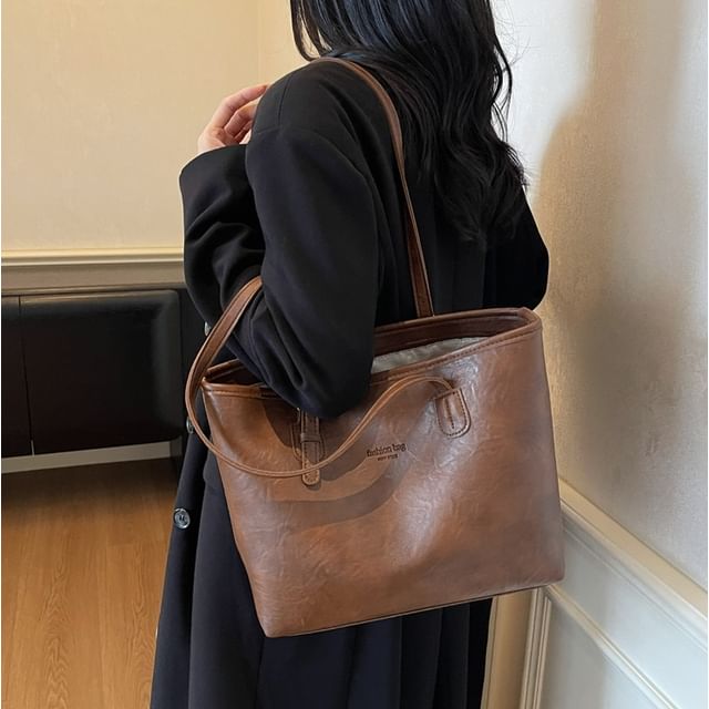 Skyglow-Faux Leather Plain Tote Bag