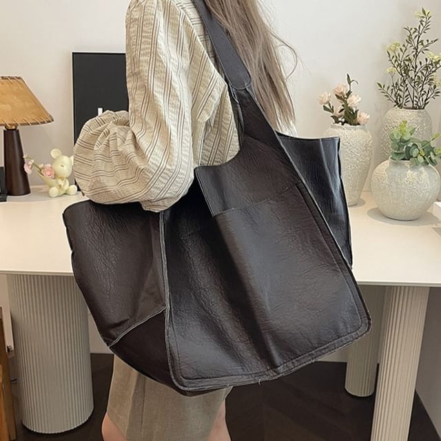 Skyglow-Faux Leather Plain Tote Bag