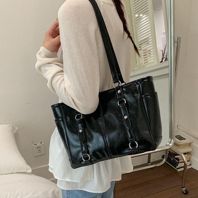 Skyglow-Faux Leather Plain Tote Bag
