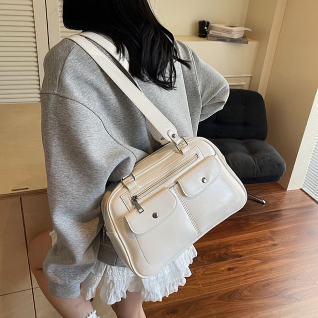 Skyglow-Faux Leather Plain Zip Shoulder Bag