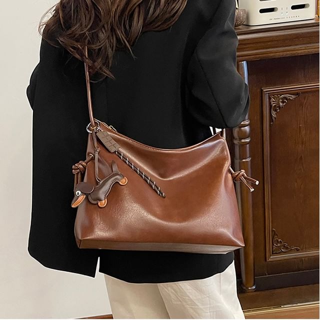 Skyglow-Faux Leather Plain Zip Shoulder Bag