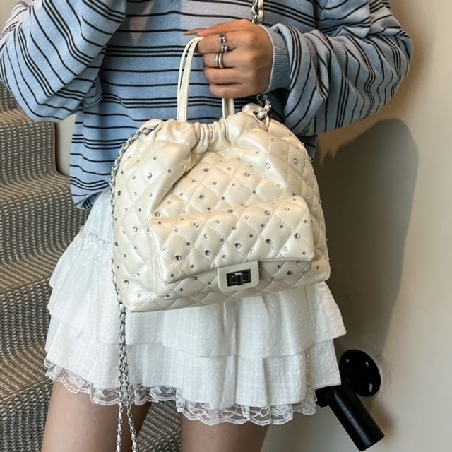 Skyglow-Faux Leather Rhinestone Quilted Backpack