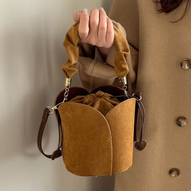 Skyglow-Faux Suede Plain Bucket Bag With Drawstring Pouch