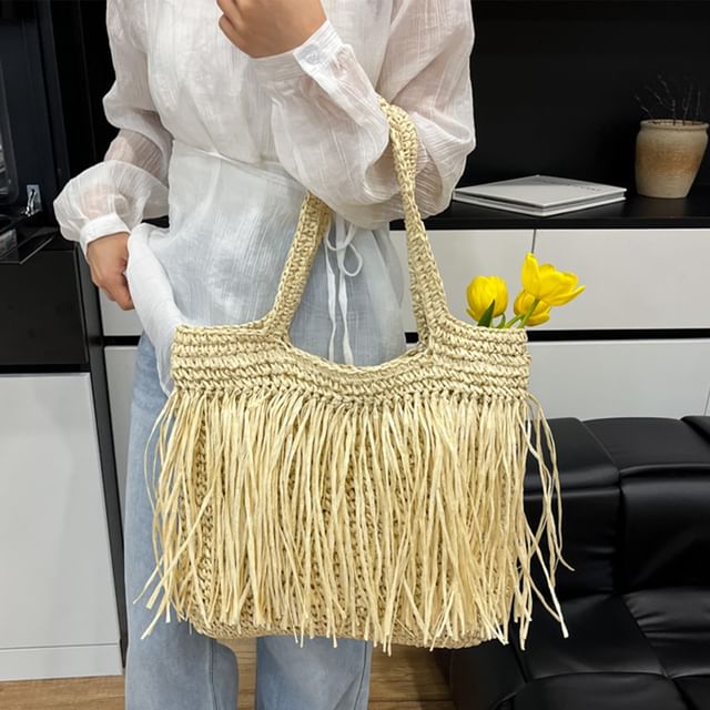 Skyglow-Fringe Straw Tote Bag