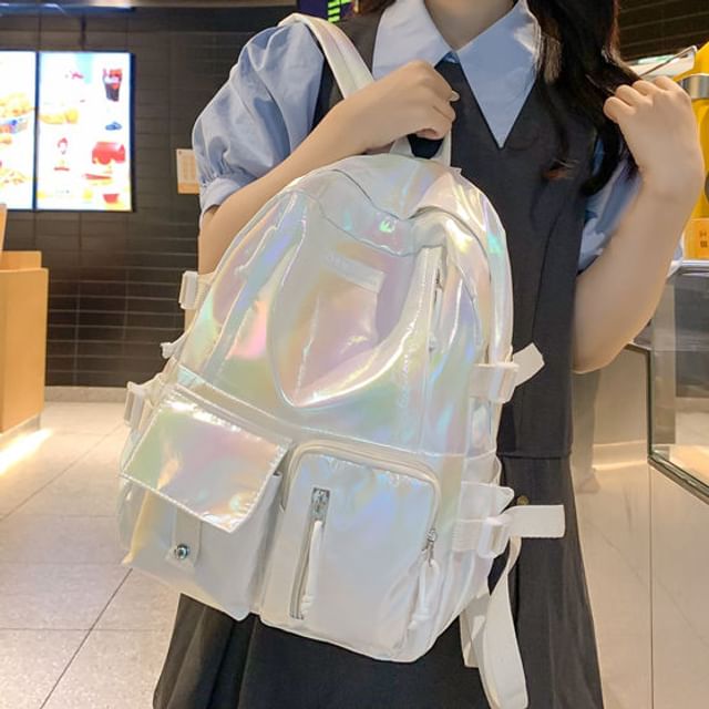 Skyglow-Holographic Buckled Faux Leather Backpack