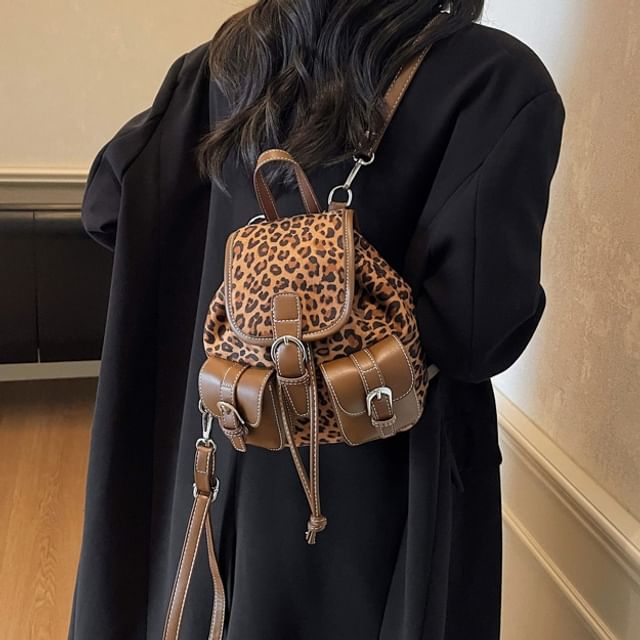 Skyglow-Leopard Panel Faux Leather Backpack